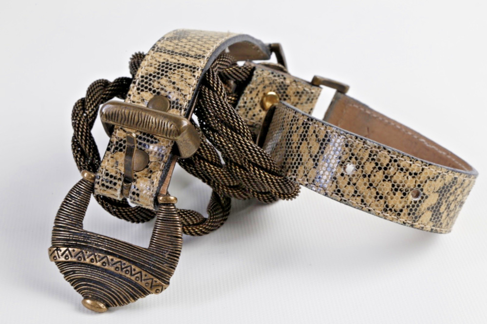 Vintage Belt Snake Lizard Print Braided Cord Antique Brass Western Boho Chic M